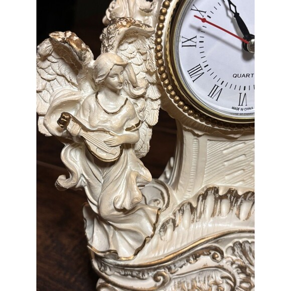 Vintage Double Angel Resin Desk Mantel Quartz Clock White/Gold Working - Picture 6 of 10
